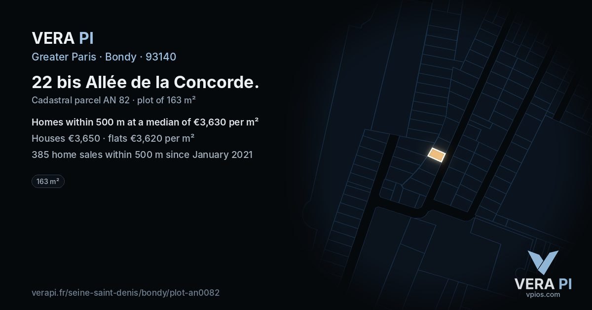22 bis Allée de la Concorde, Bondy at night – the plot lit, the parcels around coloured by the prices near them