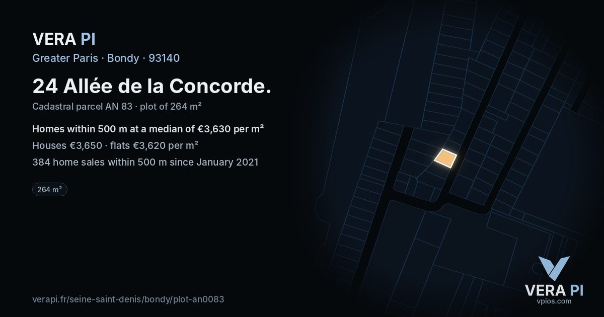 24 Allée de la Concorde, Bondy at night – the plot lit, the parcels around coloured by the prices near them