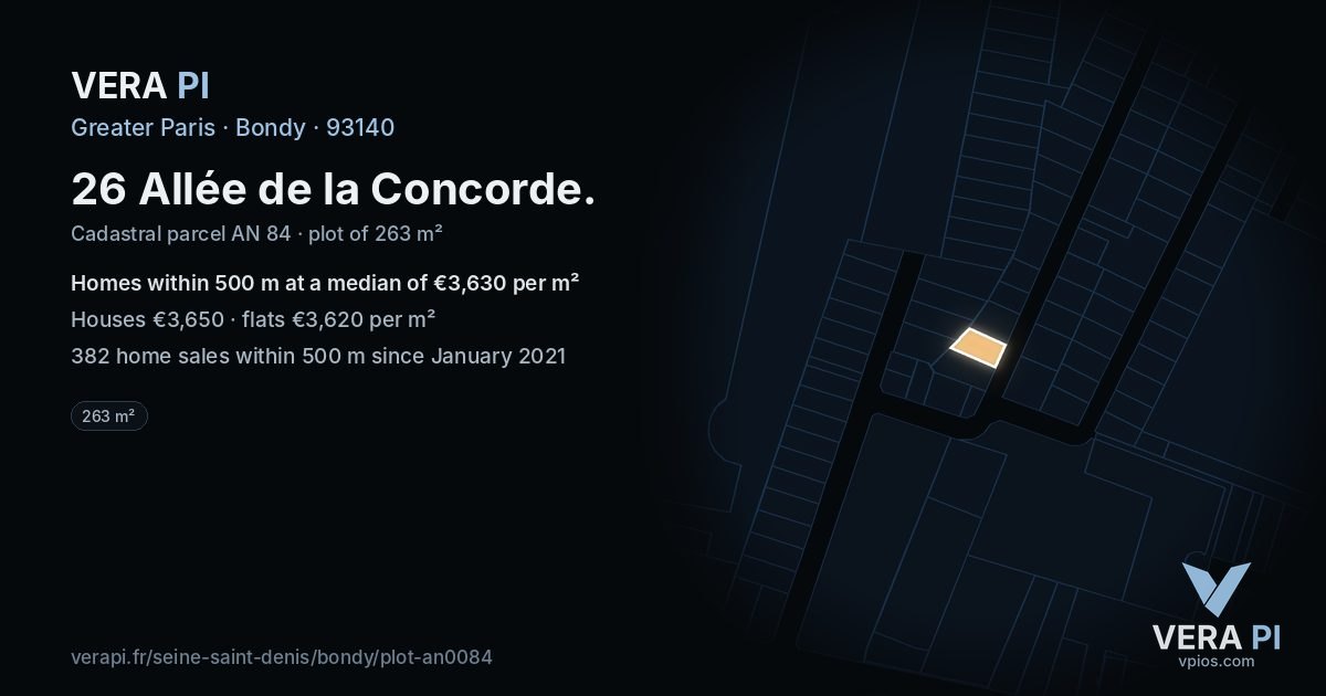 26 Allée de la Concorde, Bondy at night – the plot lit, the parcels around coloured by the prices near them