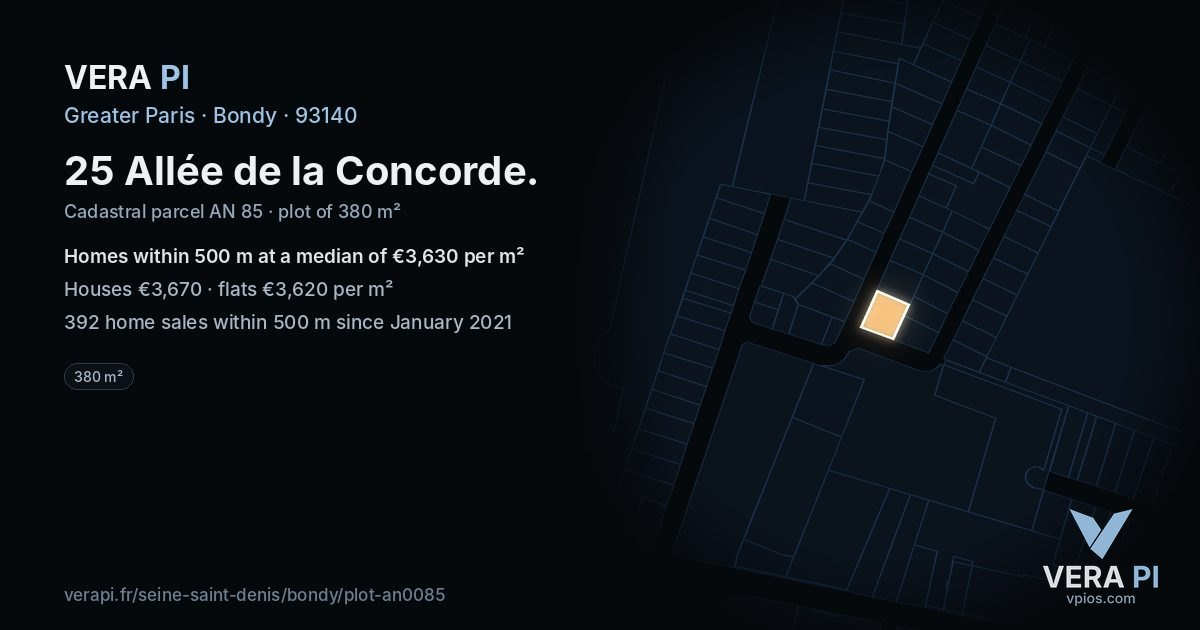 25 Allée de la Concorde, Bondy at night – the plot lit, the parcels around coloured by the prices near them