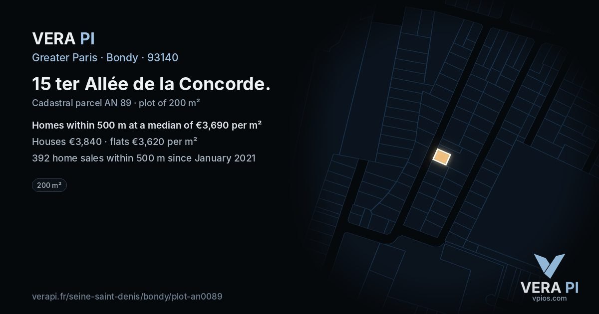 15 ter Allée de la Concorde, Bondy at night – the plot lit, the parcels around coloured by the prices near them
