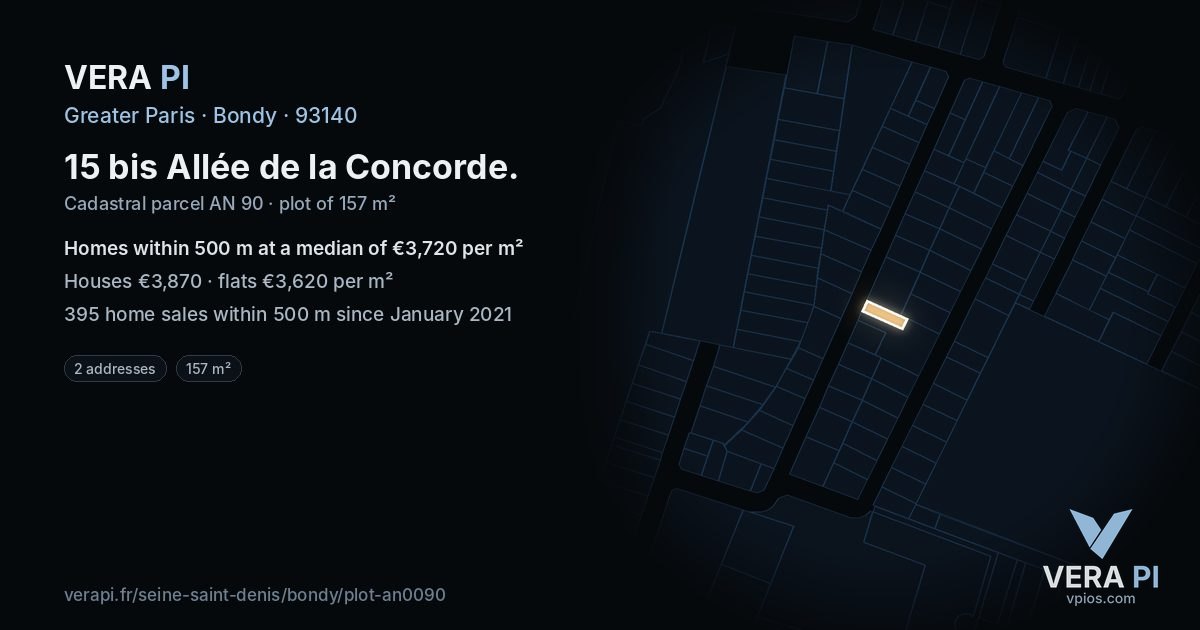 15 bis Allée de la Concorde, Bondy at night – the plot lit, the parcels around coloured by the prices near them