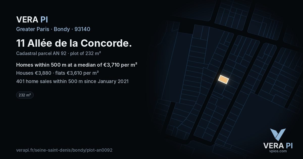 11 Allée de la Concorde, Bondy at night – the plot lit, the parcels around coloured by the prices near them