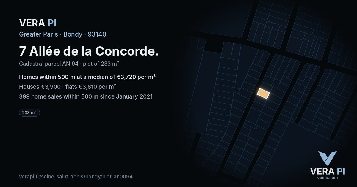 7 Allée de la Concorde, Bondy at night – the plot lit, the parcels around coloured by the prices near them