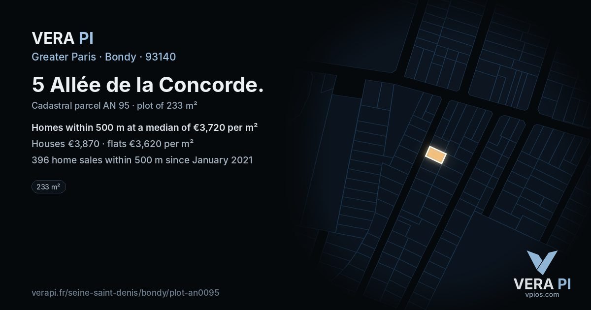 5 Allée de la Concorde, Bondy at night – the plot lit, the parcels around coloured by the prices near them