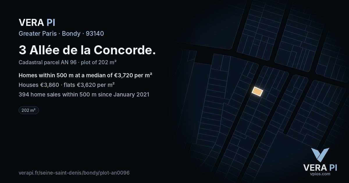 3 Allée de la Concorde, Bondy at night – the plot lit, the parcels around coloured by the prices near them