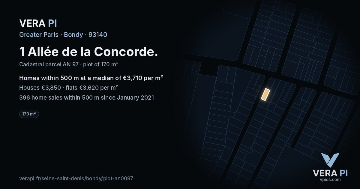 1 Allée de la Concorde, Bondy at night – the plot lit, the parcels around coloured by the prices near them