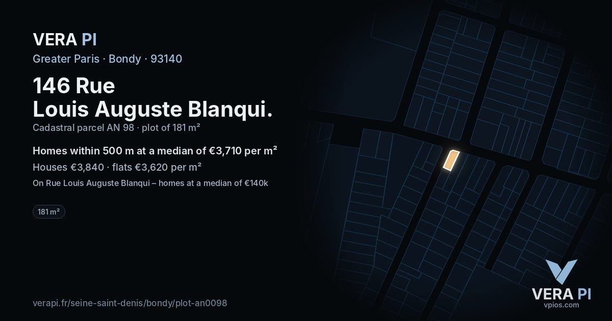 146 Rue Louis Auguste Blanqui, Bondy at night – the plot lit, the parcels around coloured by the prices near them