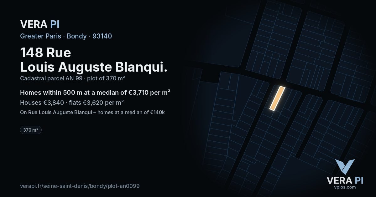 148 Rue Louis Auguste Blanqui, Bondy at night – the plot lit, the parcels around coloured by the prices near them