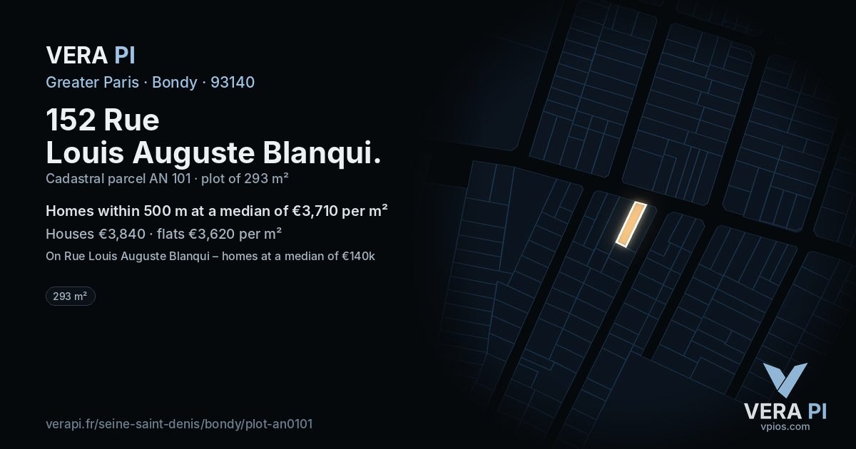 152 Rue Louis Auguste Blanqui, Bondy at night – the plot lit, the parcels around coloured by the prices near them