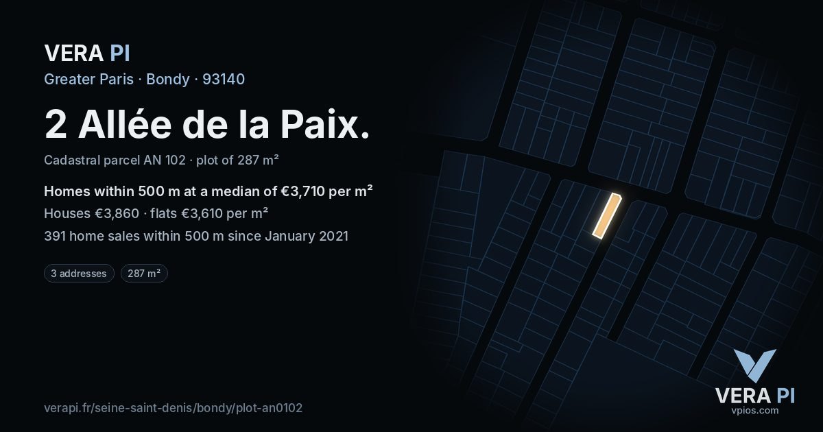 2 Allée de la Paix, Bondy at night – the plot lit, the parcels around coloured by the prices near them
