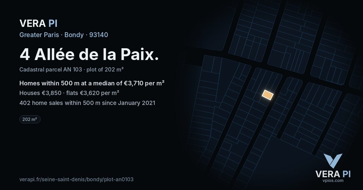 4 Allée de la Paix, Bondy at night – the plot lit, the parcels around coloured by the prices near them