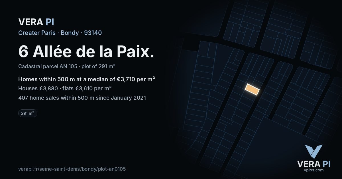6 Allée de la Paix, Bondy at night – the plot lit, the parcels around coloured by the prices near them