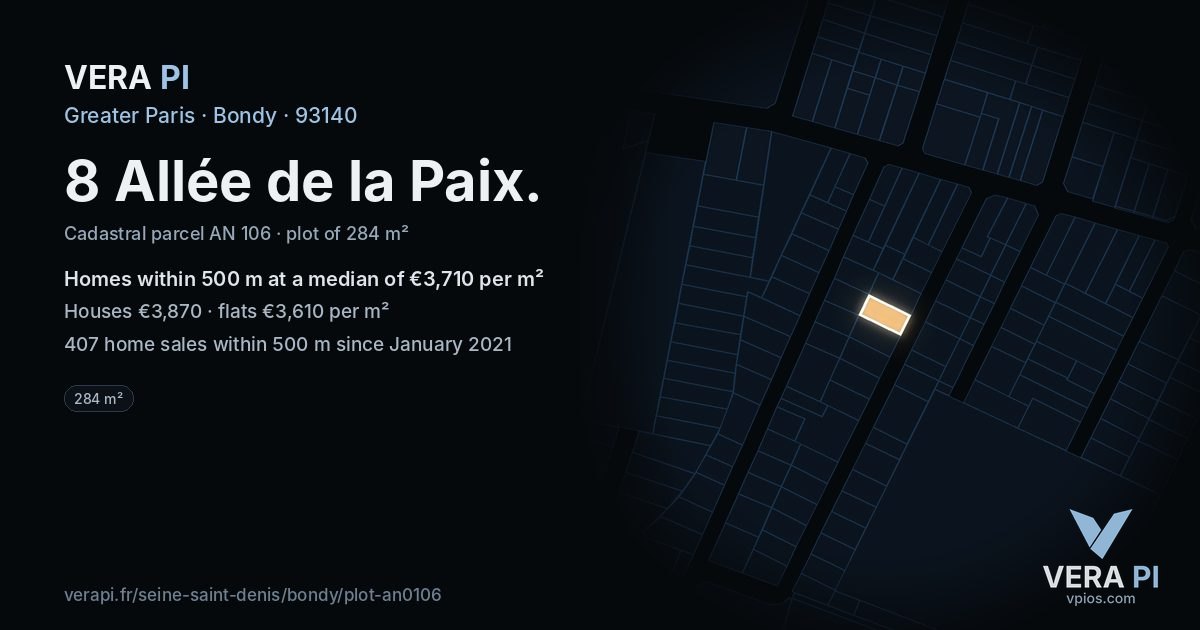 8 Allée de la Paix, Bondy at night – the plot lit, the parcels around coloured by the prices near them