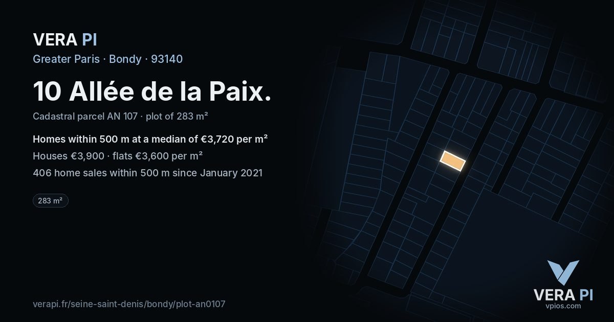 10 Allée de la Paix, Bondy at night – the plot lit, the parcels around coloured by the prices near them