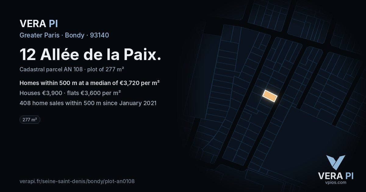 12 Allée de la Paix, Bondy at night – the plot lit, the parcels around coloured by the prices near them