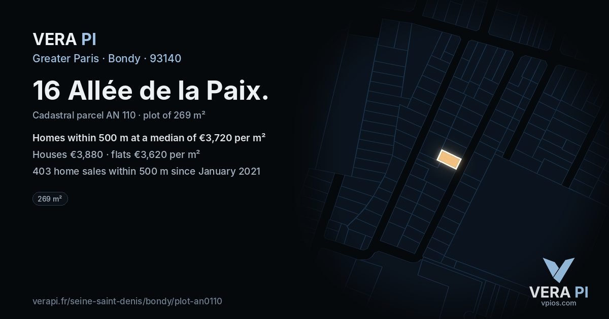 16 Allée de la Paix, Bondy at night – the plot lit, the parcels around coloured by the prices near them