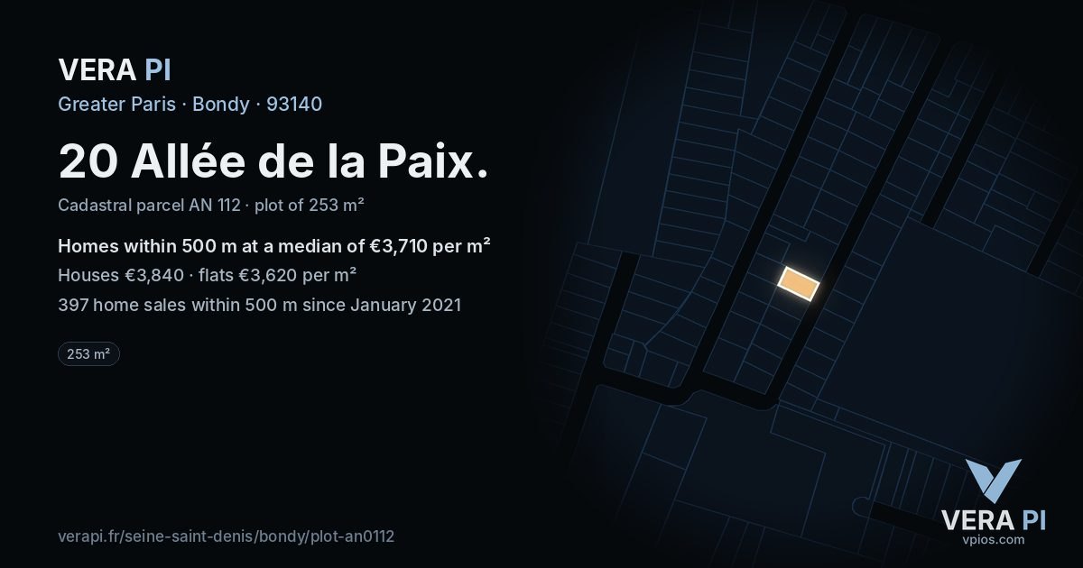 20 Allée de la Paix, Bondy at night – the plot lit, the parcels around coloured by the prices near them