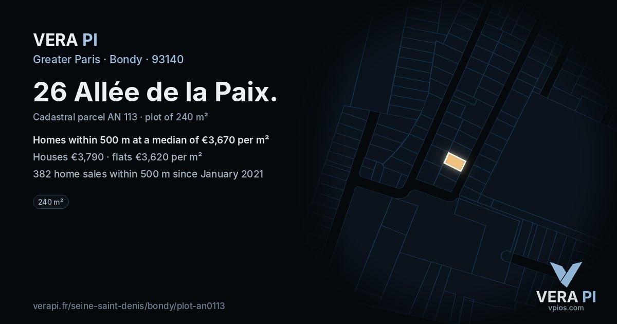 26 Allée de la Paix, Bondy at night – the plot lit, the parcels around coloured by the prices near them