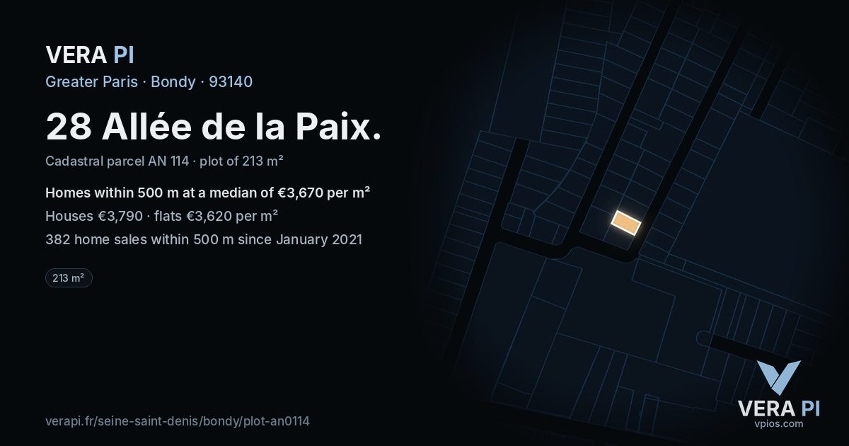28 Allée de la Paix, Bondy at night – the plot lit, the parcels around coloured by the prices near them