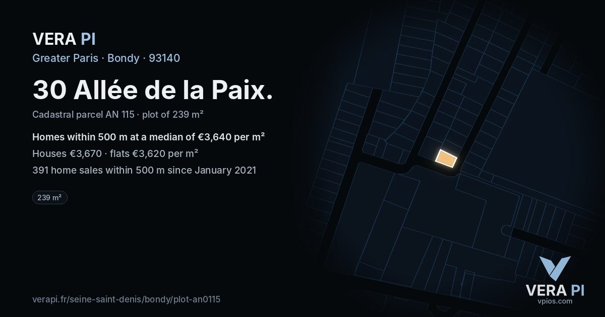 30 Allée de la Paix, Bondy at night – the plot lit, the parcels around coloured by the prices near them