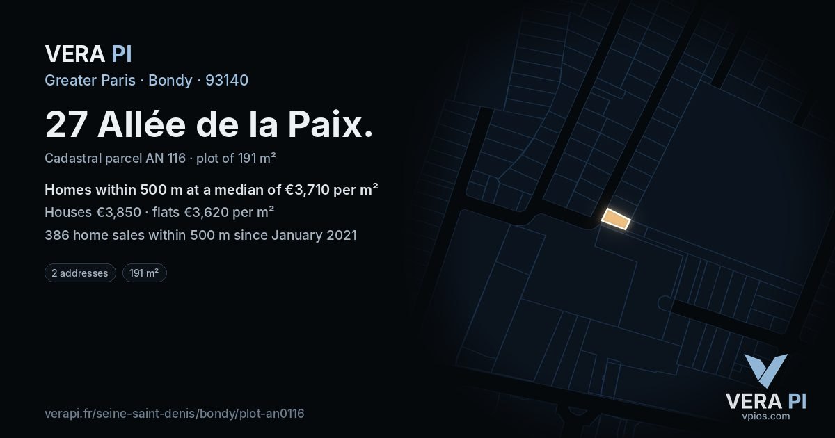 27 Allée de la Paix, Bondy at night – the plot lit, the parcels around coloured by the prices near them
