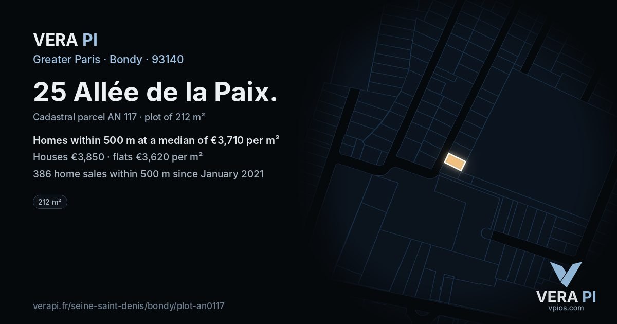 25 Allée de la Paix, Bondy at night – the plot lit, the parcels around coloured by the prices near them