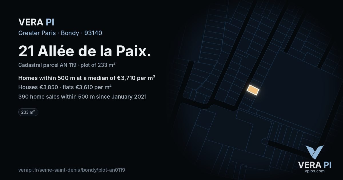 21 Allée de la Paix, Bondy at night – the plot lit, the parcels around coloured by the prices near them