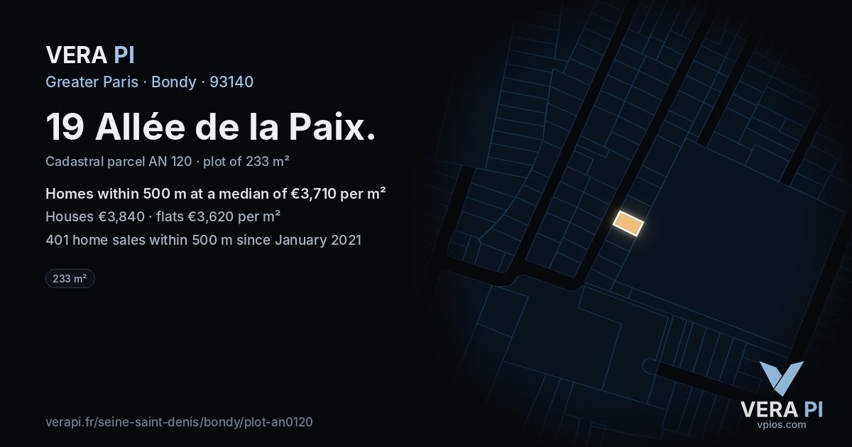 19 Allée de la Paix, Bondy at night – the plot lit, the parcels around coloured by the prices near them
