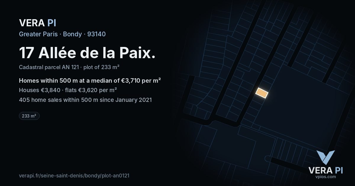 17 Allée de la Paix, Bondy at night – the plot lit, the parcels around coloured by the prices near them