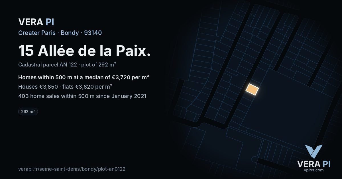 15 Allée de la Paix, Bondy at night – the plot lit, the parcels around coloured by the prices near them