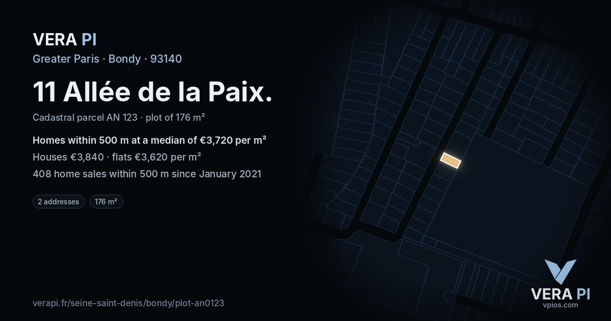 11 Allée de la Paix, Bondy at night – the plot lit, the parcels around coloured by the prices near them