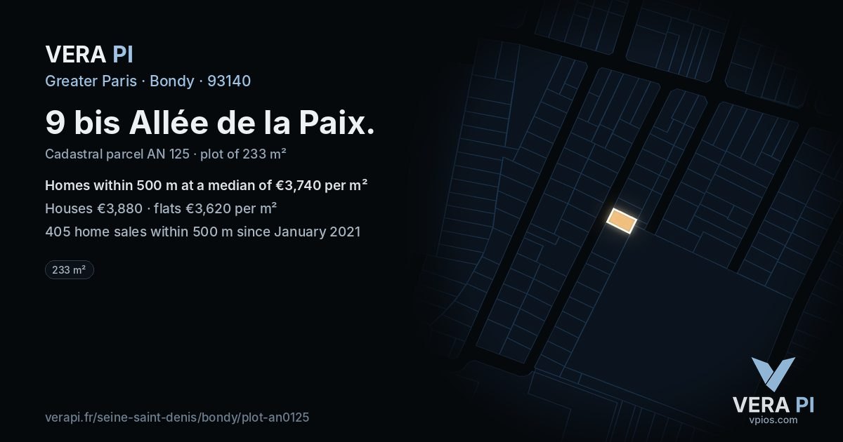 9 bis Allée de la Paix, Bondy at night – the plot lit, the parcels around coloured by the prices near them