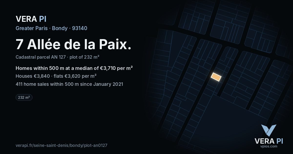 7 Allée de la Paix, Bondy at night – the plot lit, the parcels around coloured by the prices near them
