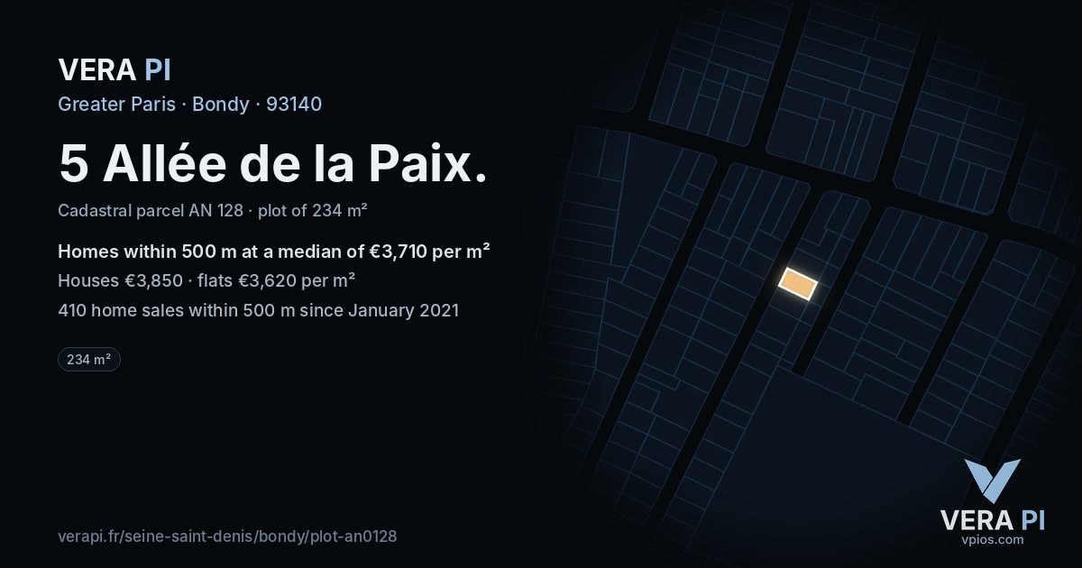 5 Allée de la Paix, Bondy at night – the plot lit, the parcels around coloured by the prices near them