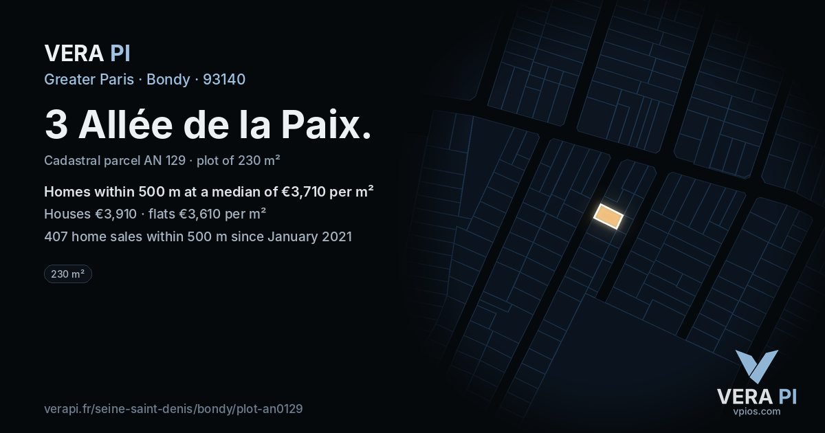 3 Allée de la Paix, Bondy at night – the plot lit, the parcels around coloured by the prices near them