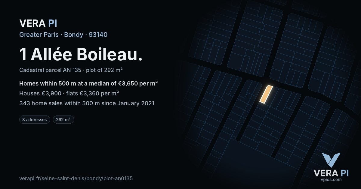 1 Allée Boileau, Bondy at night – the plot lit, the parcels around coloured by the prices near them