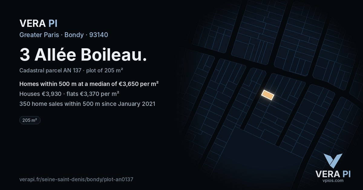 3 Allée Boileau, Bondy at night – the plot lit, the parcels around coloured by the prices near them