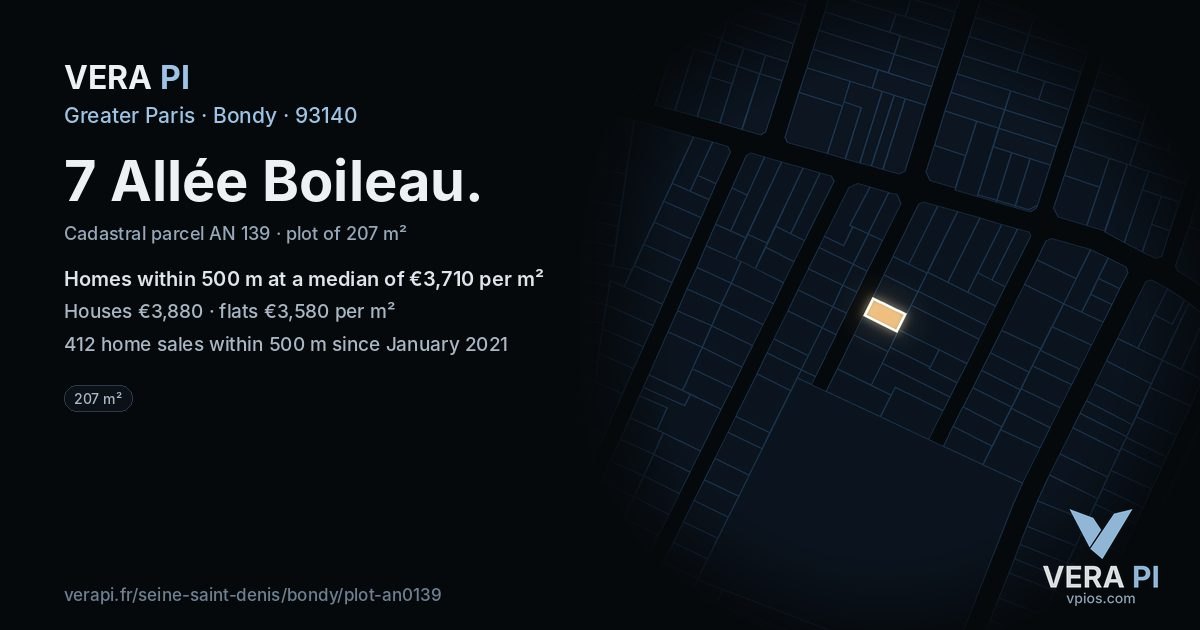 7 Allée Boileau, Bondy at night – the plot lit, the parcels around coloured by the prices near them
