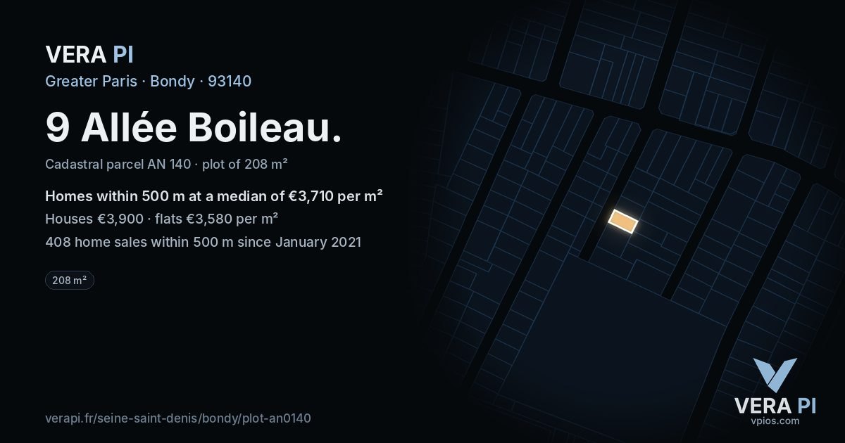 9 Allée Boileau, Bondy at night – the plot lit, the parcels around coloured by the prices near them