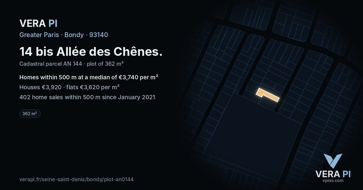 14 bis Allée des Chênes, Bondy at night – the plot lit, the parcels around coloured by the prices near them