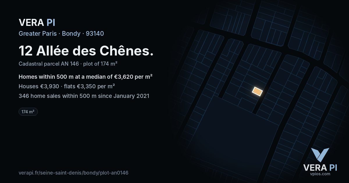 12 Allée des Chênes, Bondy at night – the plot lit, the parcels around coloured by the prices near them