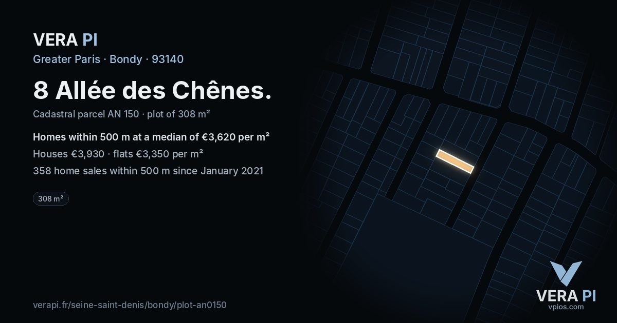 8 Allée des Chênes, Bondy at night – the plot lit, the parcels around coloured by the prices near them
