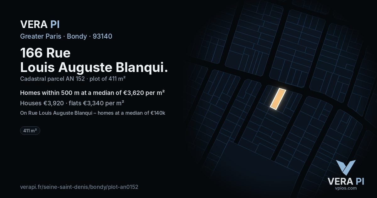 166 Rue Louis Auguste Blanqui, Bondy at night – the plot lit, the parcels around coloured by the prices near them