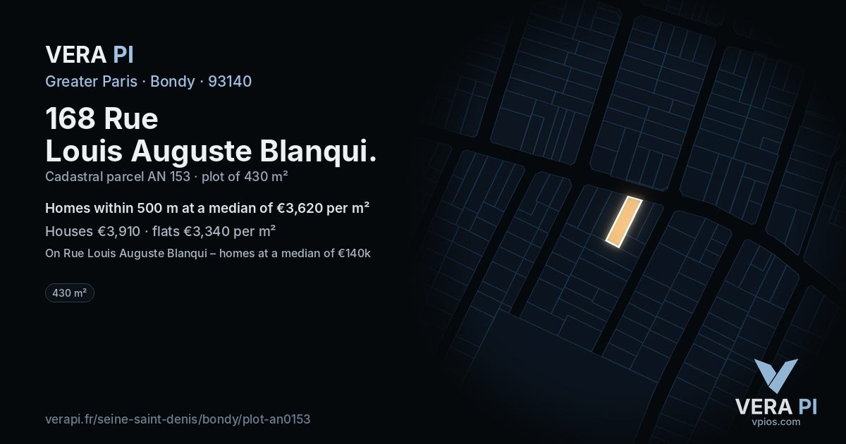 168 Rue Louis Auguste Blanqui, Bondy at night – the plot lit, the parcels around coloured by the prices near them