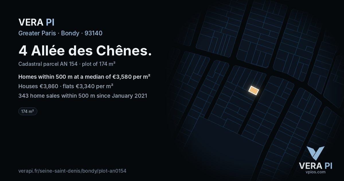 4 Allée des Chênes, Bondy at night – the plot lit, the parcels around coloured by the prices near them