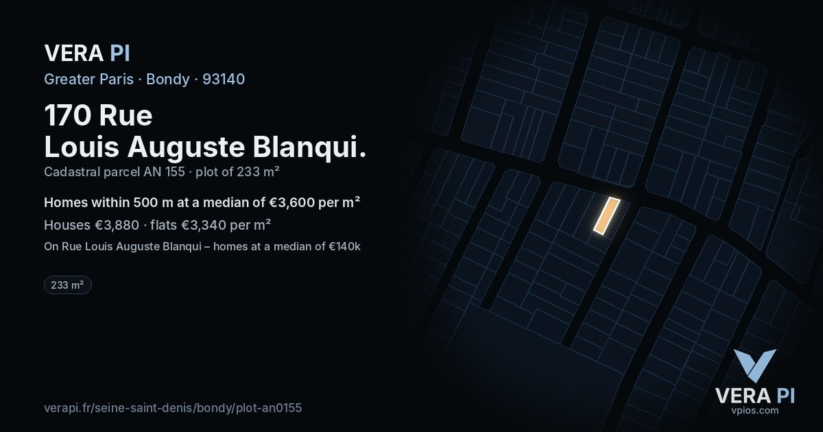 170 Rue Louis Auguste Blanqui, Bondy at night – the plot lit, the parcels around coloured by the prices near them