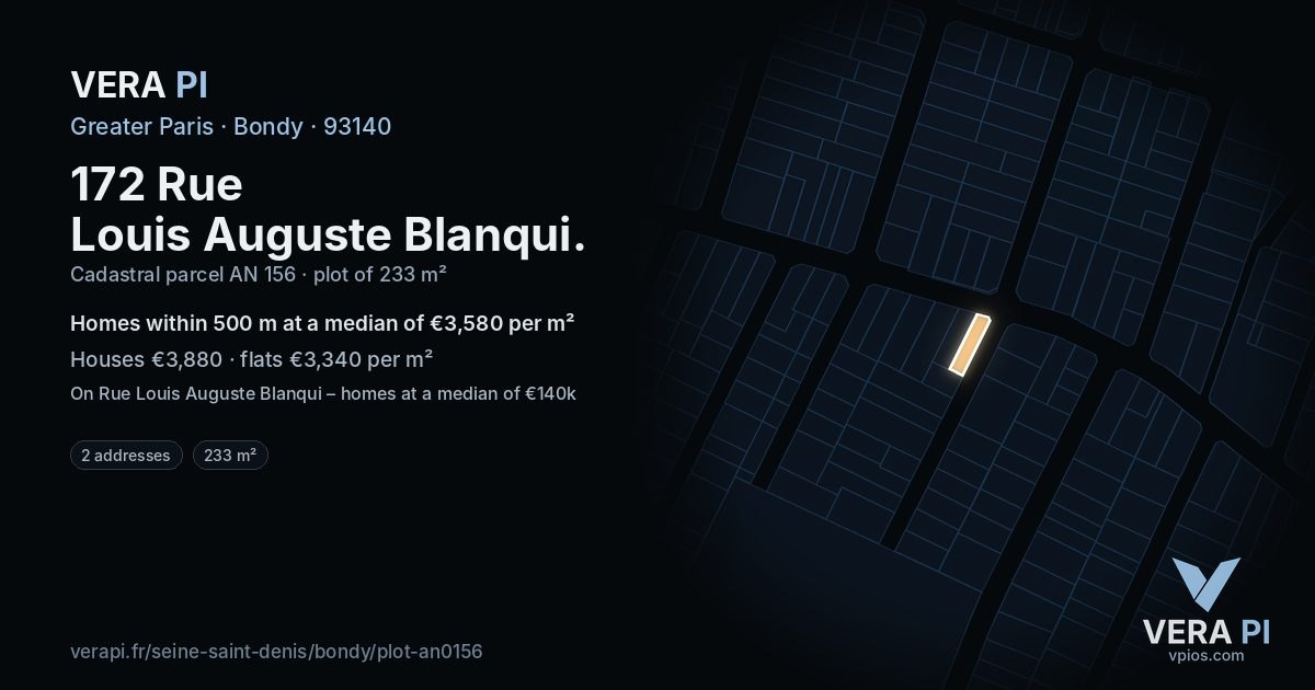 172 Rue Louis Auguste Blanqui, Bondy at night – the plot lit, the parcels around coloured by the prices near them