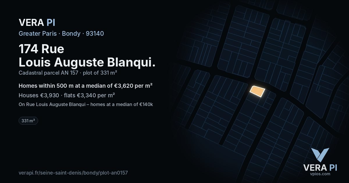 174 Rue Louis Auguste Blanqui, Bondy at night – the plot lit, the parcels around coloured by the prices near them