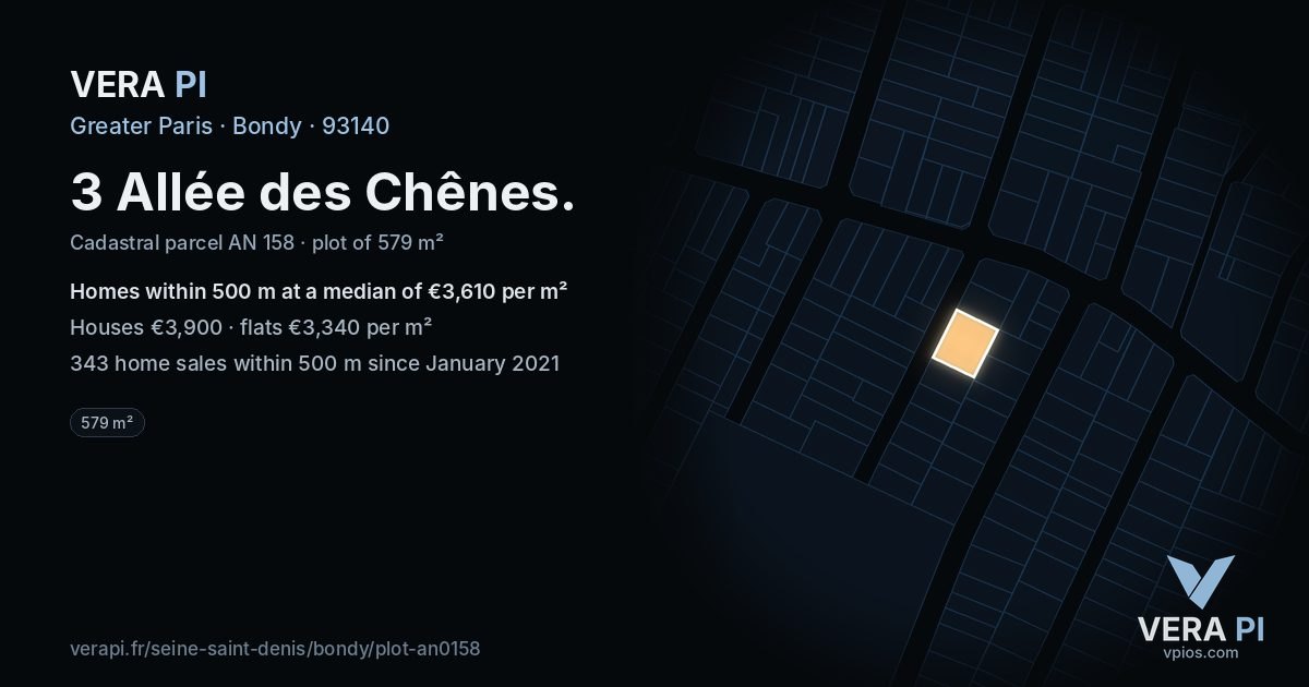3 Allée des Chênes, Bondy at night – the plot lit, the parcels around coloured by the prices near them